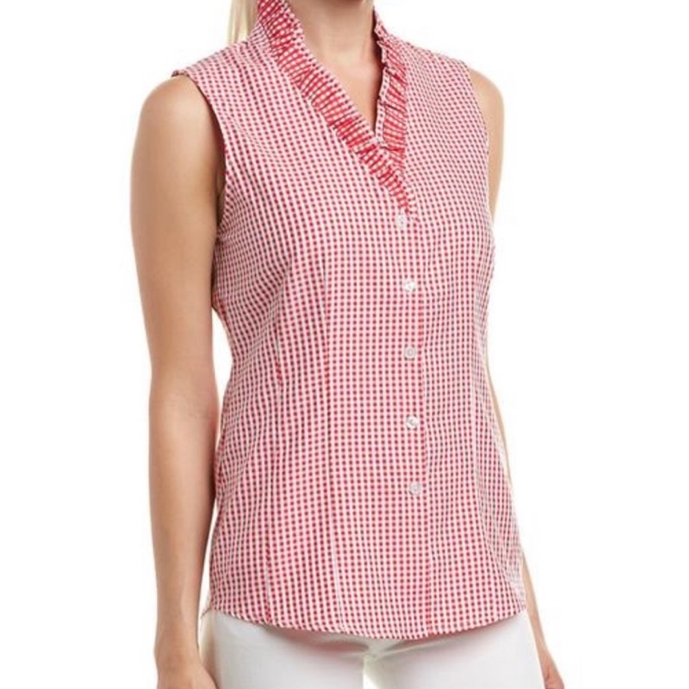 Tyler Boe Red White Gingham Cotton Button Down Ruffle Neck Sleeveless Top NWT 10